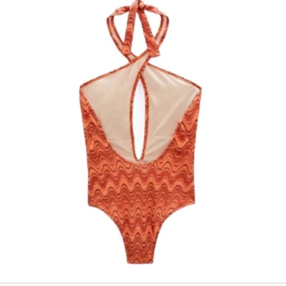 ZARA NWT Retro Wavy Print Halter One Piece Swimsuit Large Boho Keyhole Plunge - Picture 12 of 16
